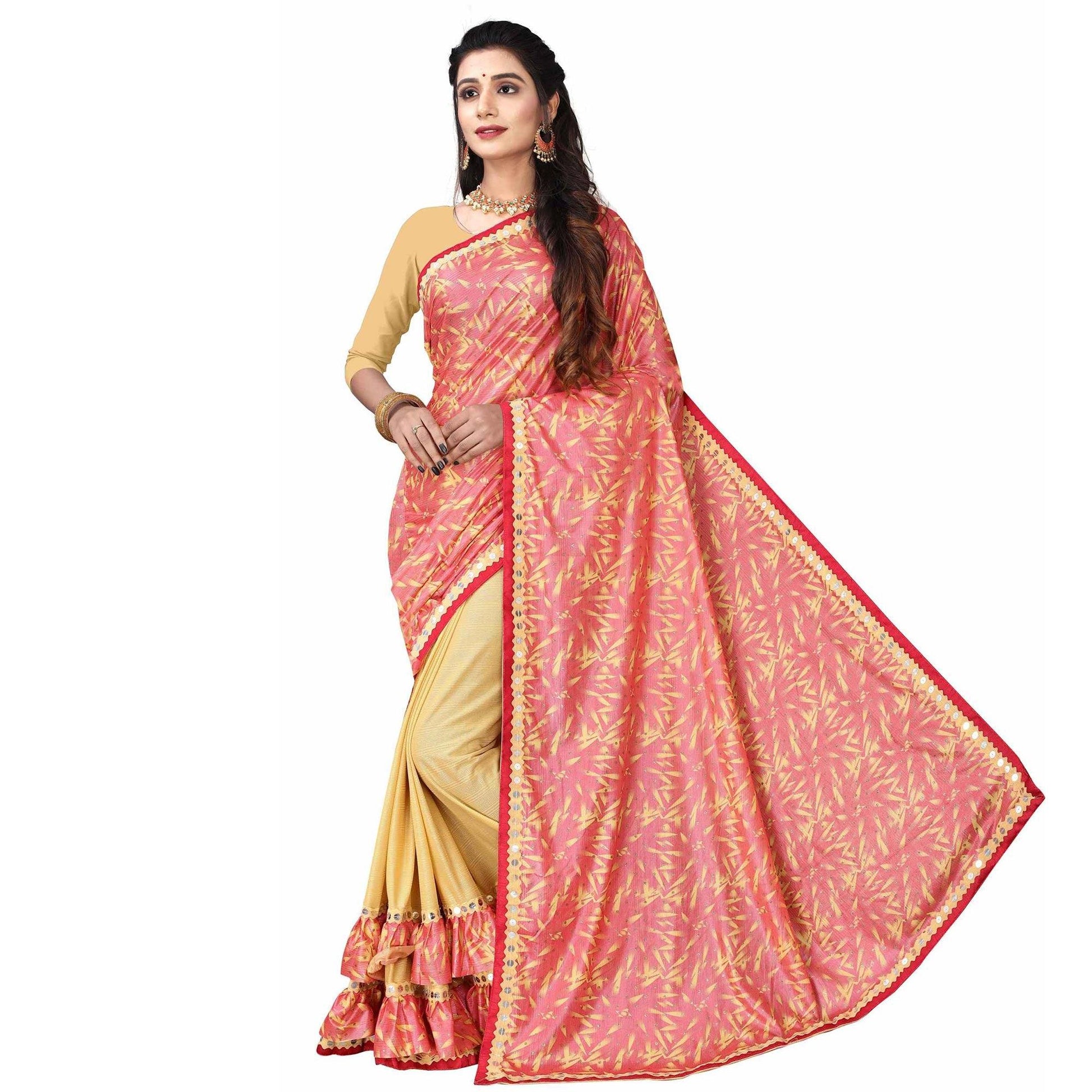 Intricate Pink Colored Party Wear Printed Art Silk Half & Half Saree