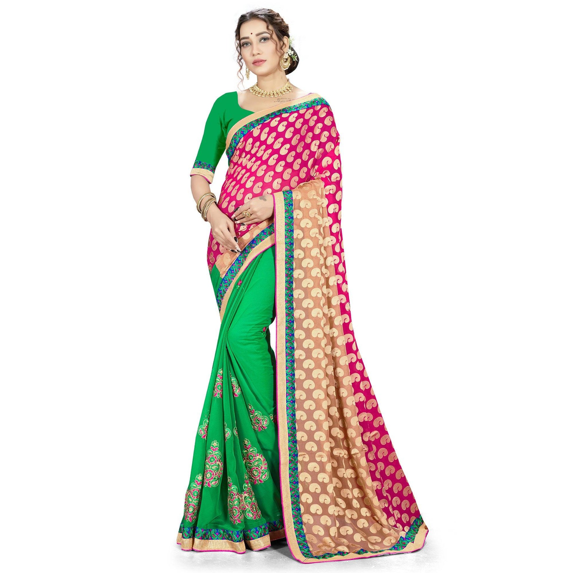 Intricate Pink-Green Colored party Wear Embroidered Georgette Half-Half Saree