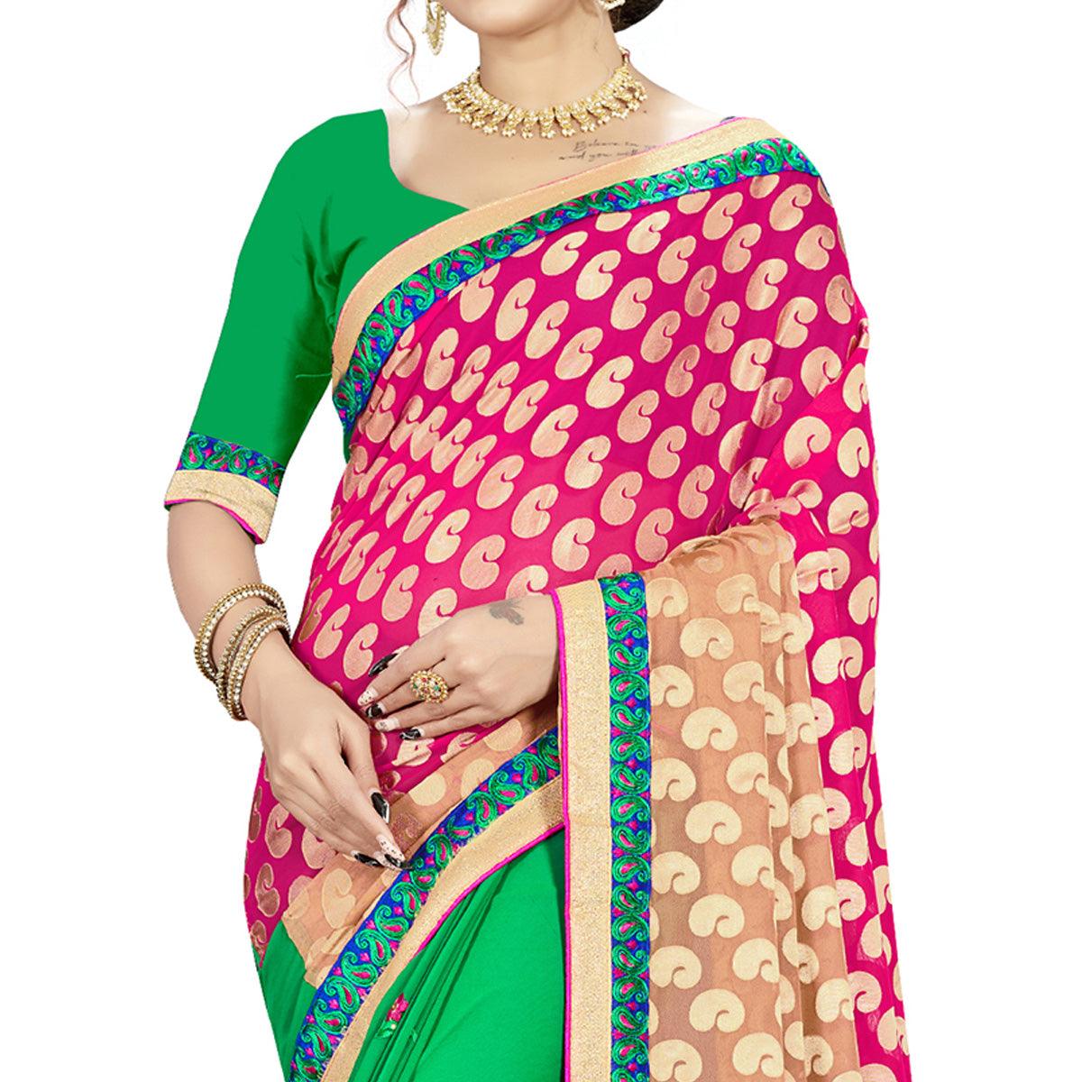 Intricate Pink-Green Colored party Wear Embroidered Georgette Half-Half Saree