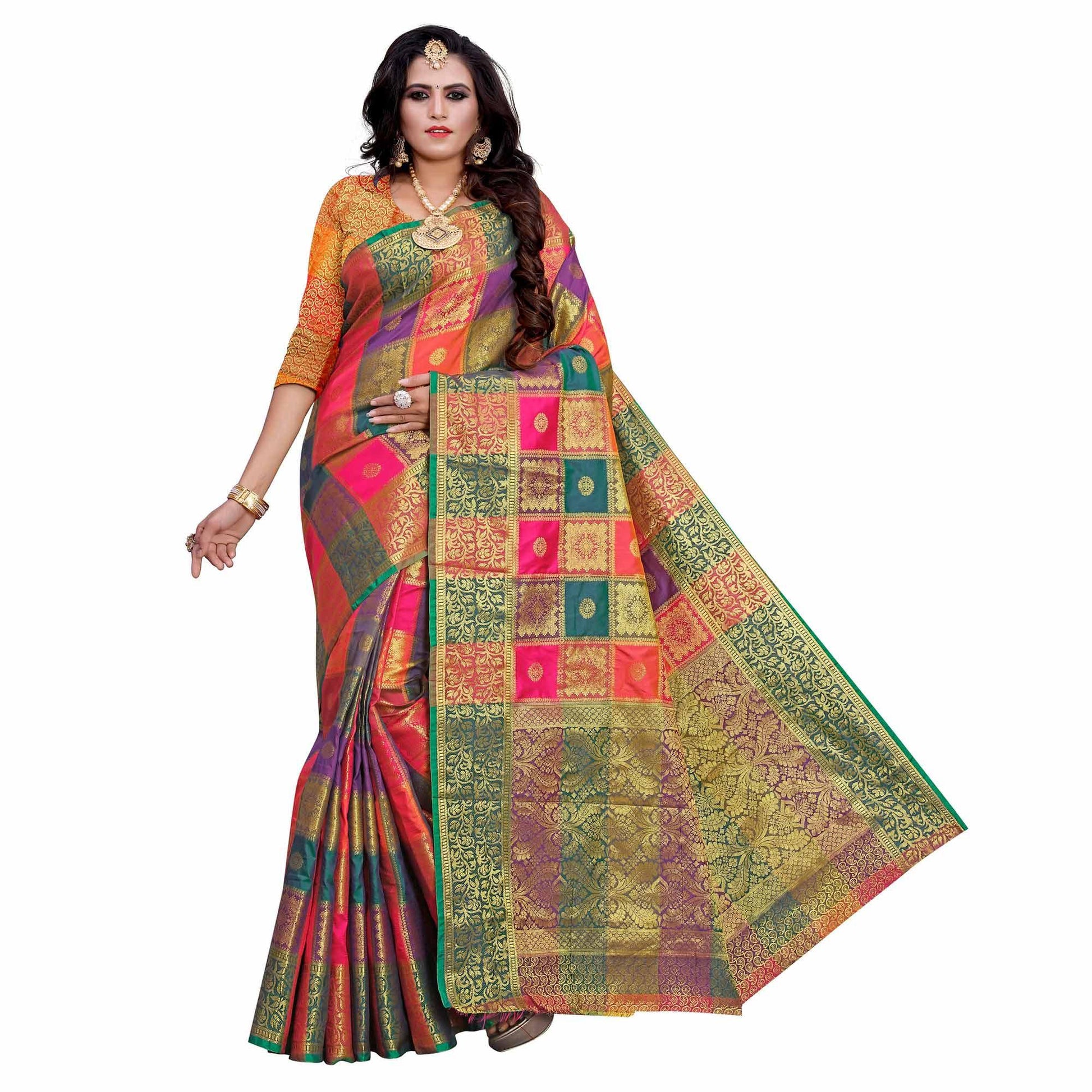 Intricate Pink-Multi Colored Festive Wear Woven Work Art Silk Saree