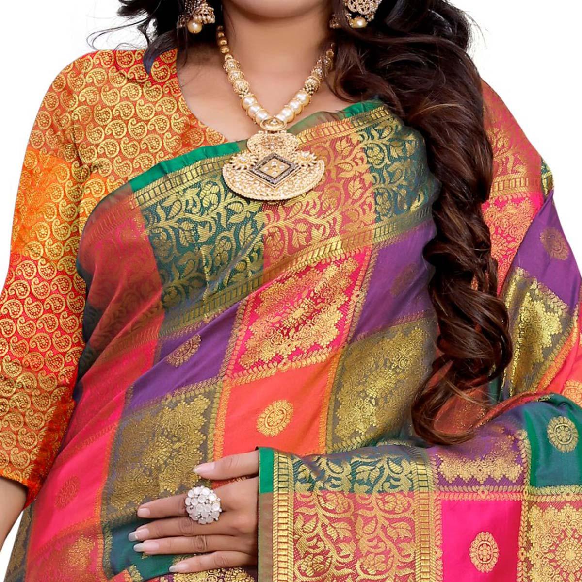 Intricate Pink-Multi Colored Festive Wear Woven Work Art Silk Saree