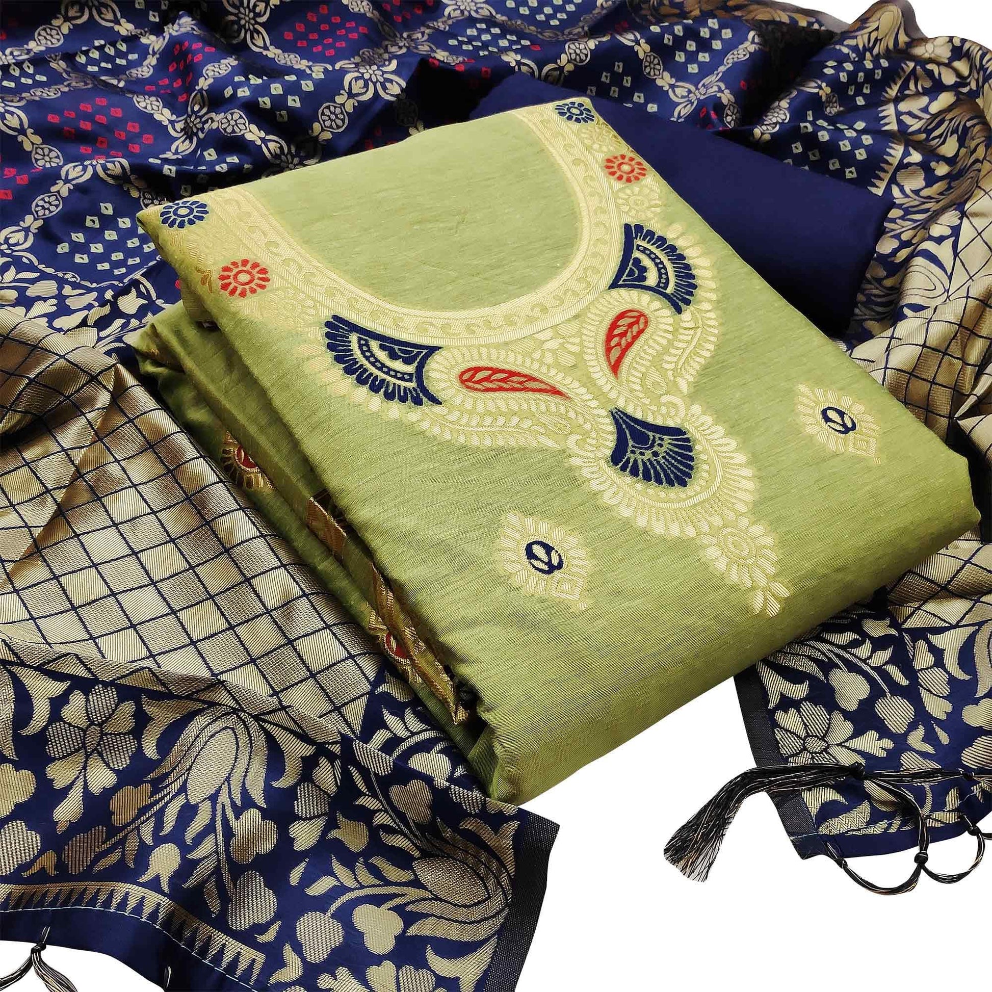 Intricate Pista Green Colored Festive Wear Woven Banarasi Silk Dress Material