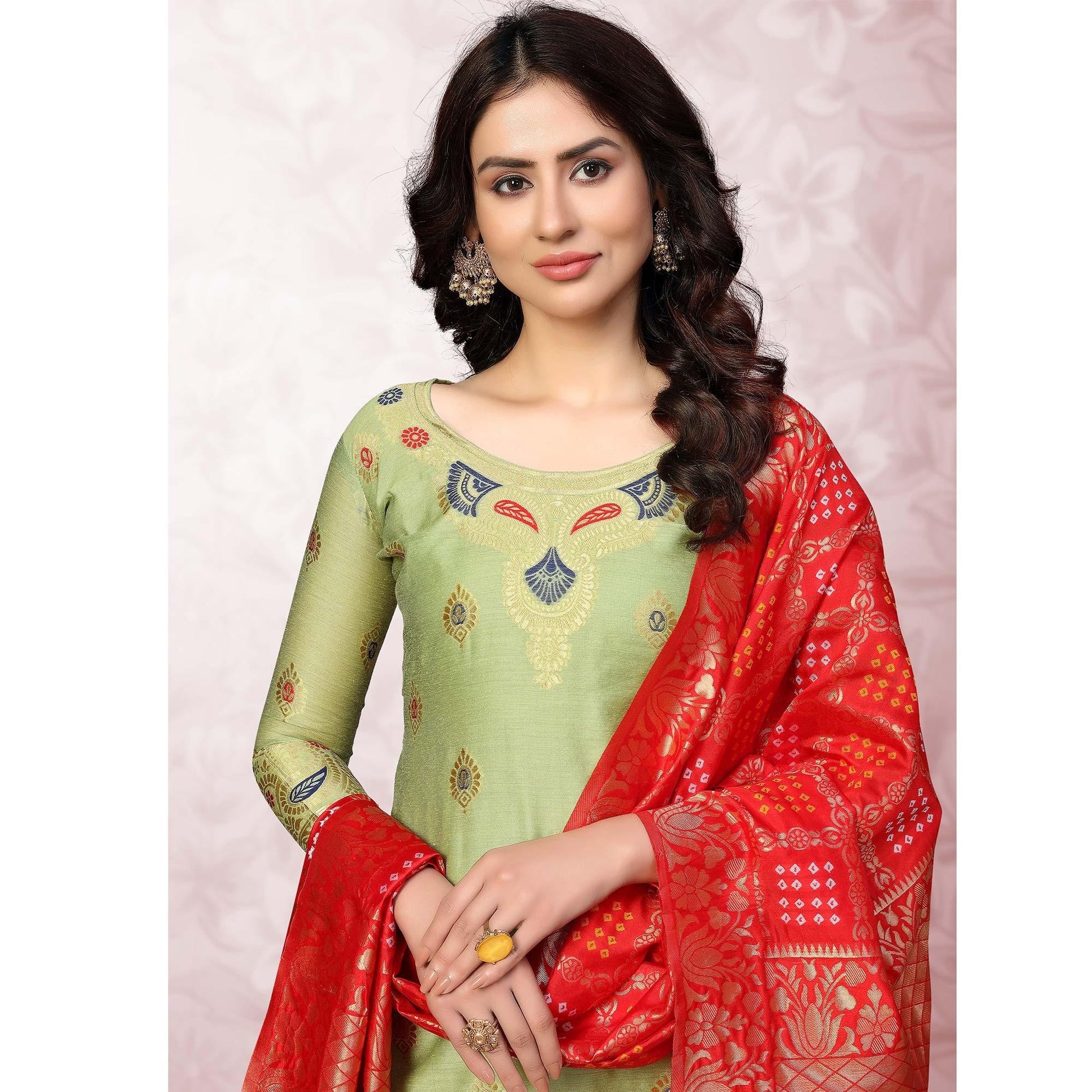 Intricate Pista Green Colored Festive Wear Woven Banarasi Silk Dress Material