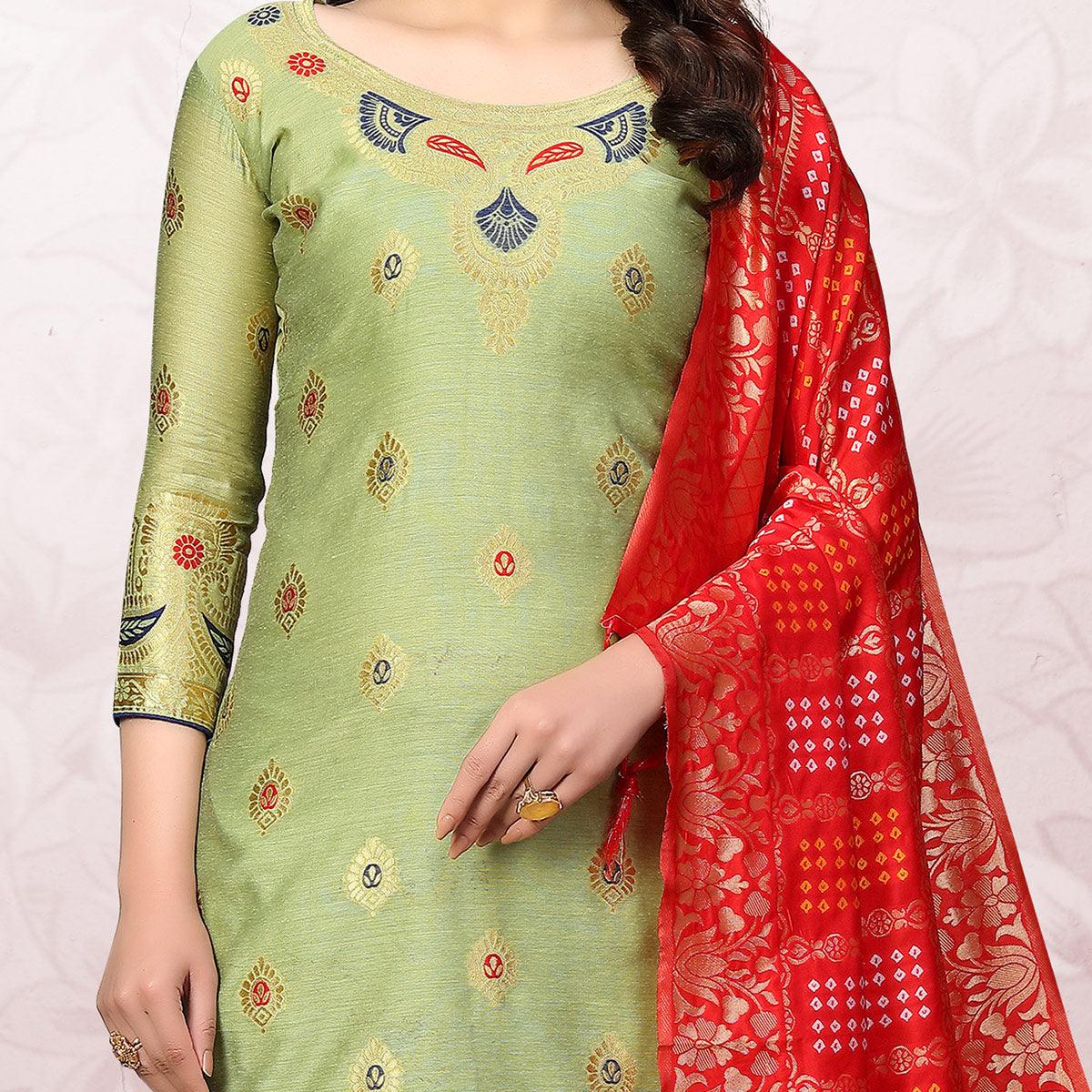 Intricate Pista Green Colored Festive Wear Woven Banarasi Silk Dress Material