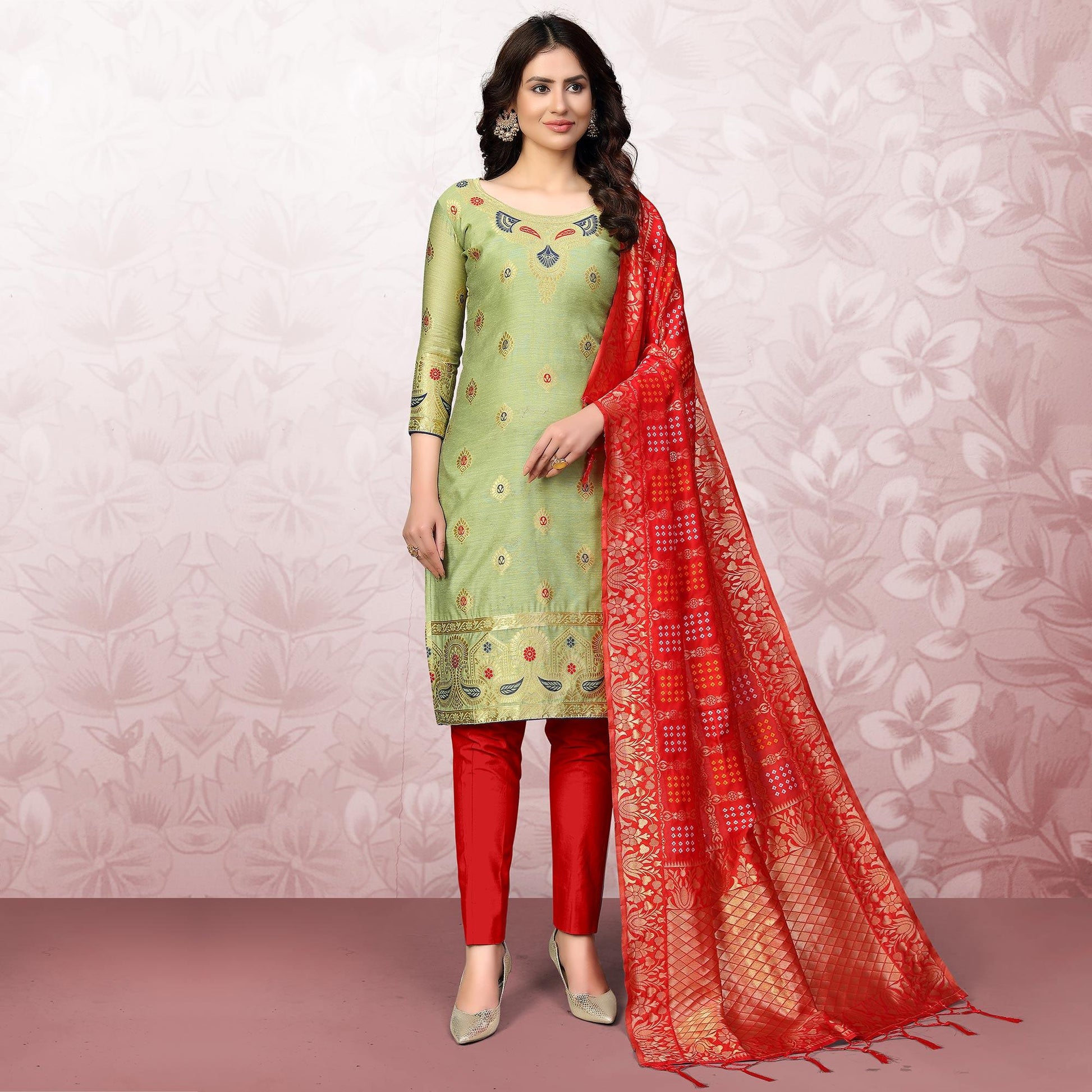 Intricate Pista Green Colored Festive Wear Woven Banarasi Silk Dress Material