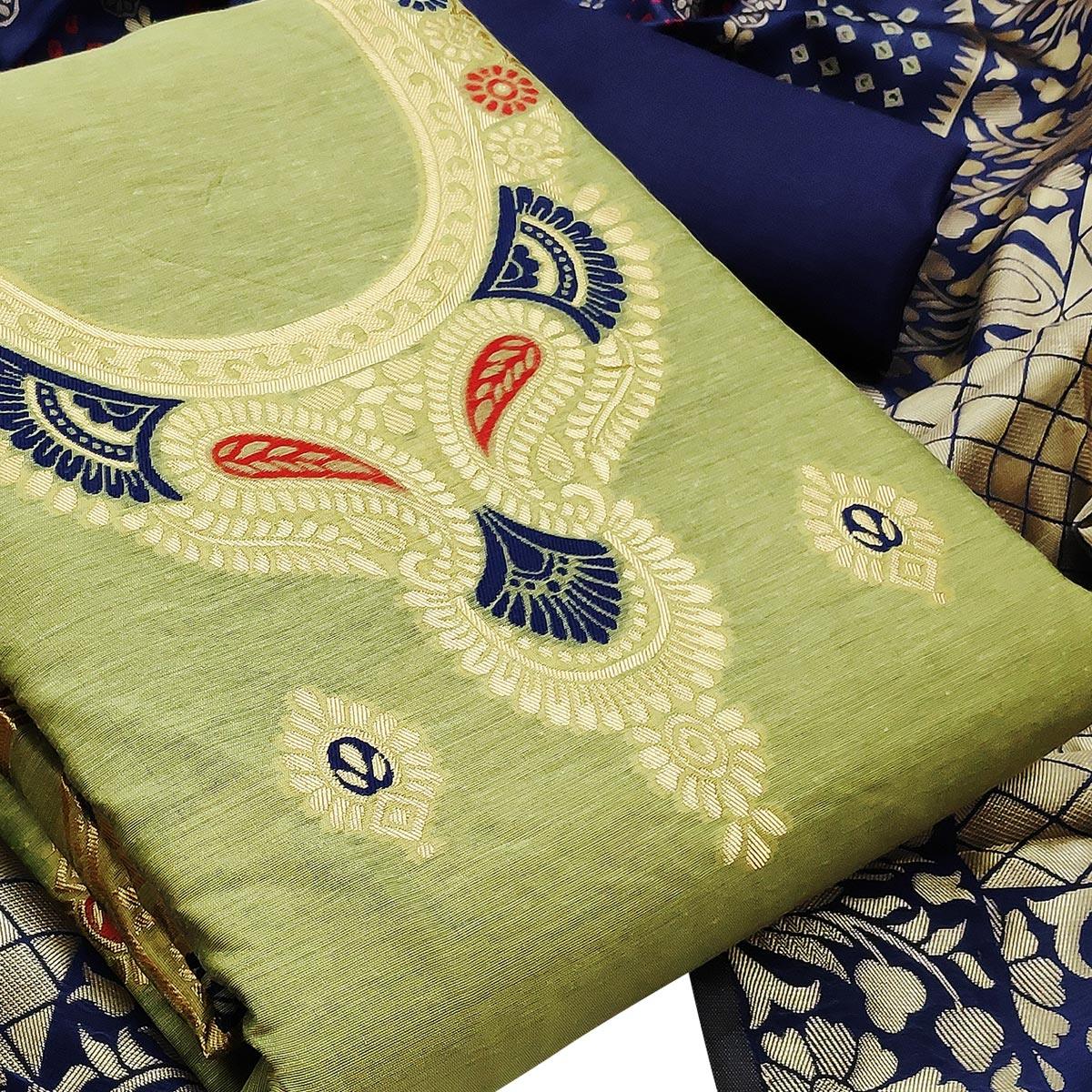 Intricate Pista Green Colored Festive Wear Woven Banarasi Silk Dress Material