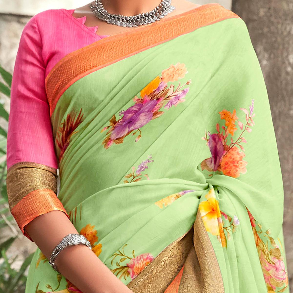 Intricate Pista Green Colored Partywear Floral Printed Linen Silk Saree