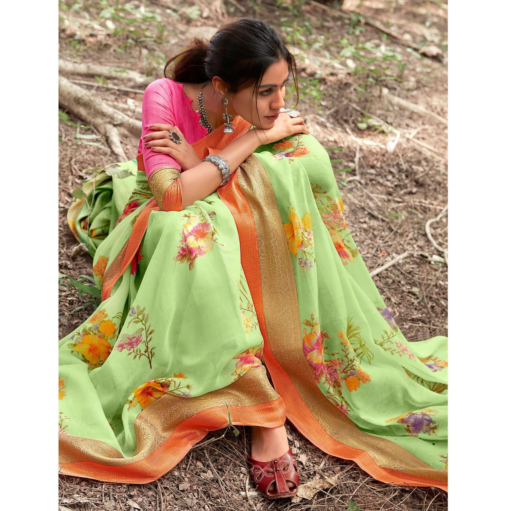Intricate Pista Green Colored Partywear Floral Printed Linen Silk Saree