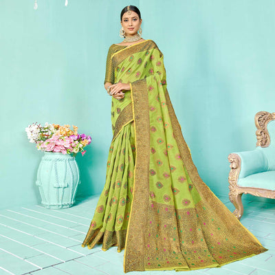 Intricate Pista Green Festive Wear Woven Designer Silk Saree