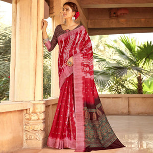 Intricate Red Colored Digital Printed Festive Wear Linen Designer Saree
