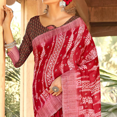 Intricate Red Colored Digital Printed Festive Wear Linen Designer Saree