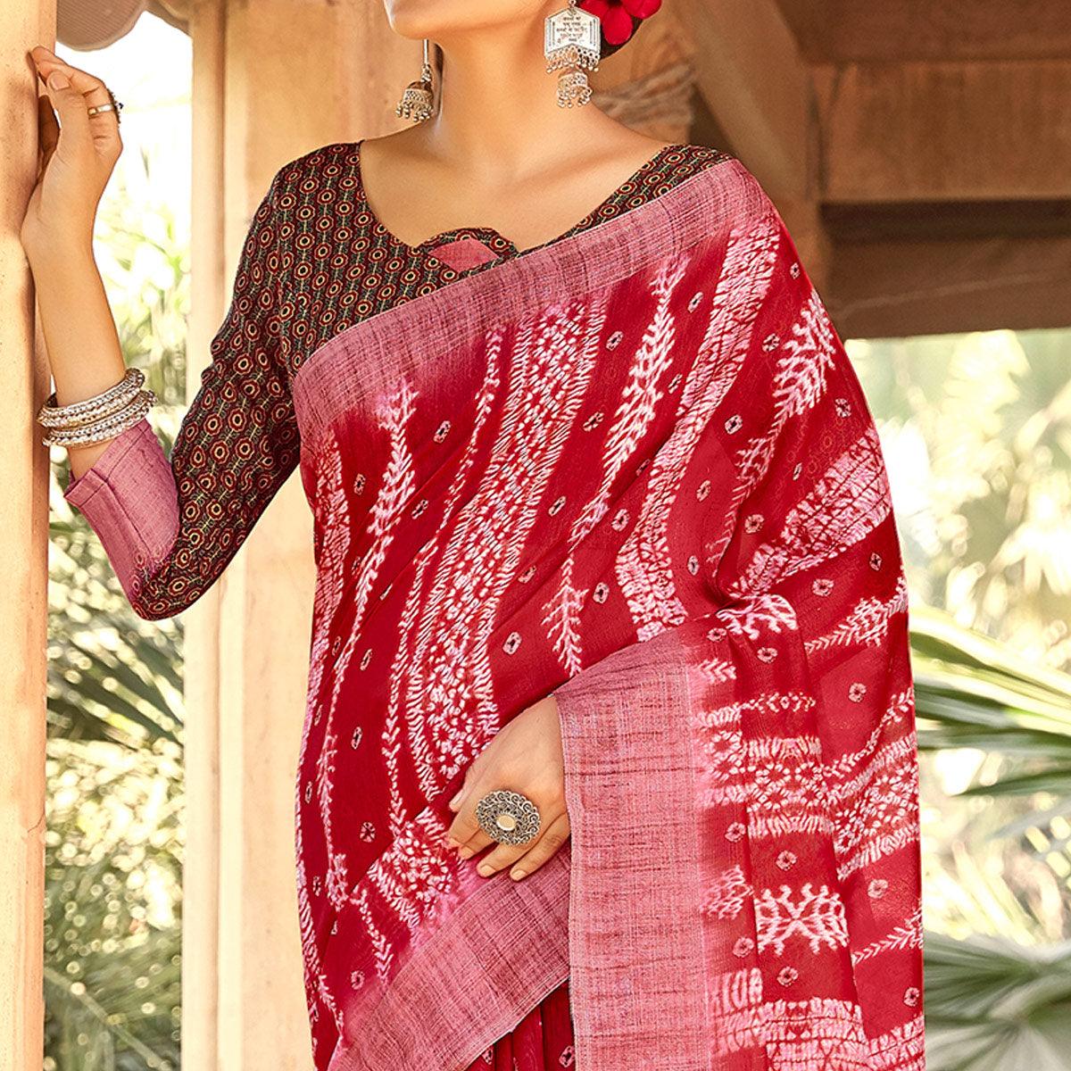 Intricate Red Colored Digital Printed Festive Wear Linen Designer Saree