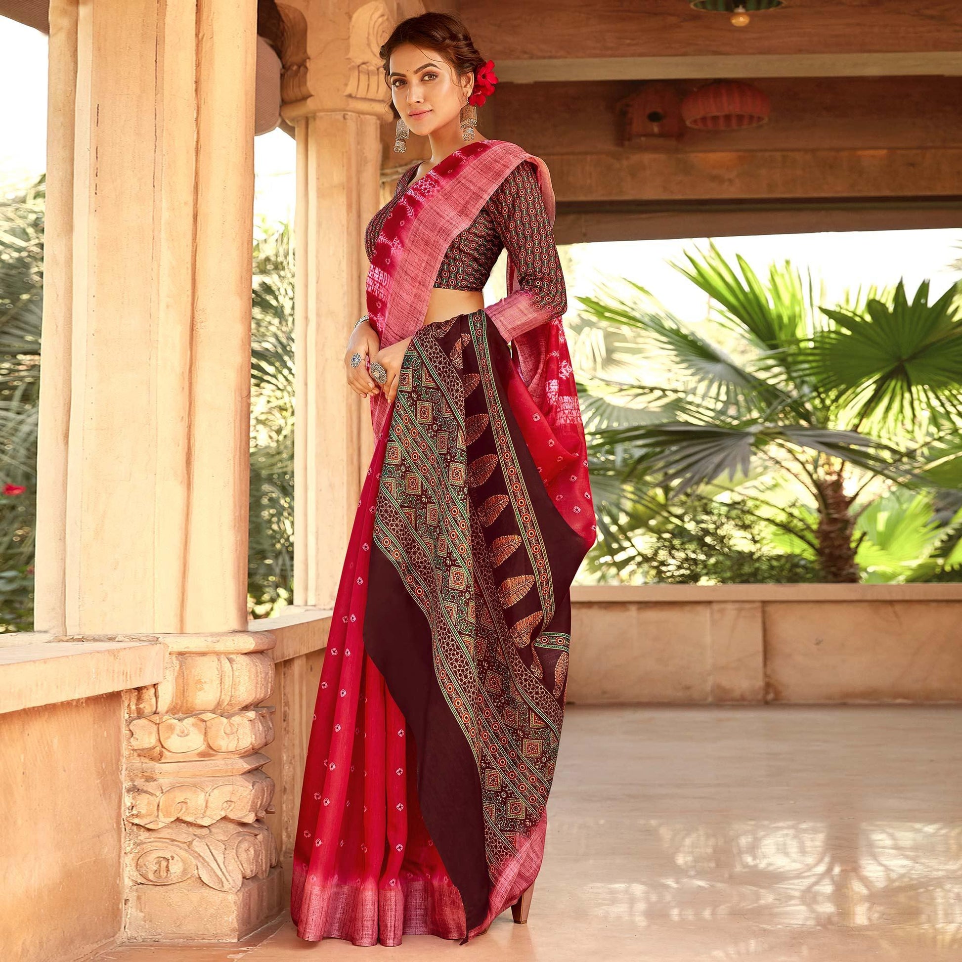 Intricate Red Colored Digital Printed Festive Wear Linen Designer Saree