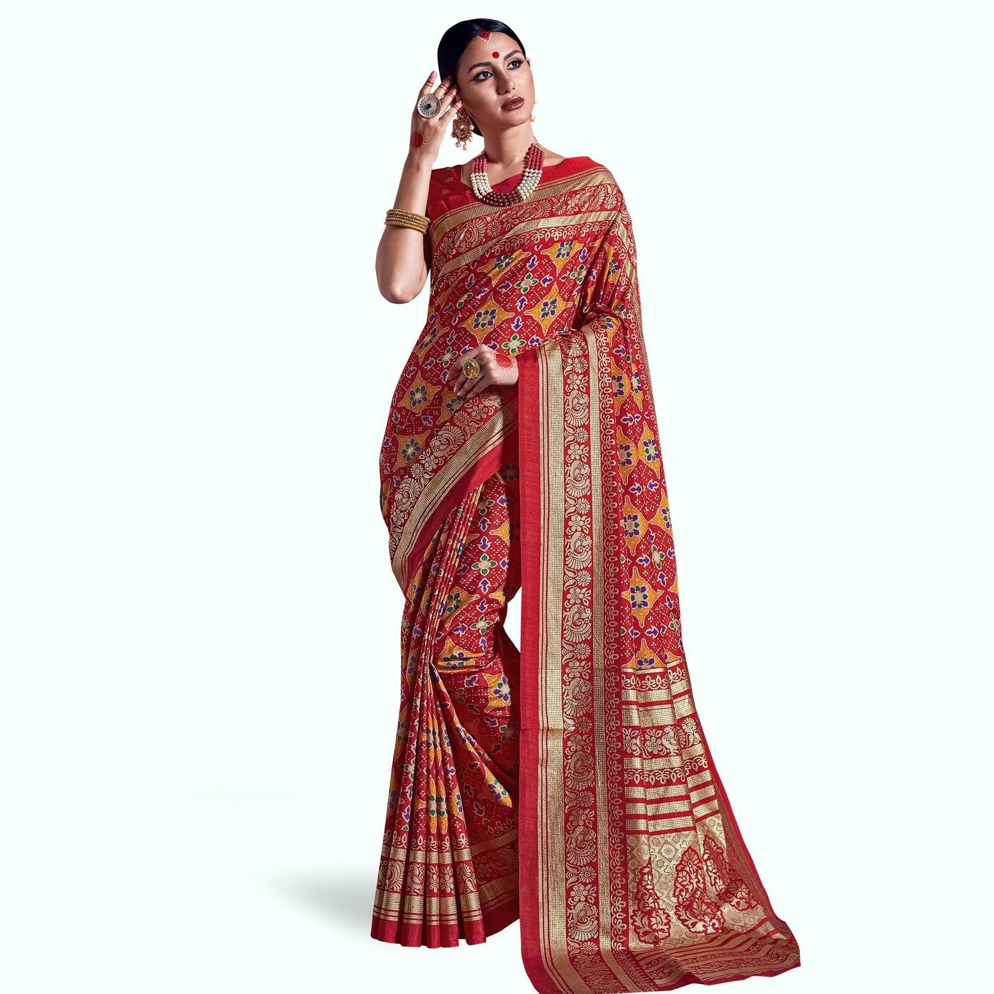 Intricate Red Colored Festive Wear Printed Art Silk Saree