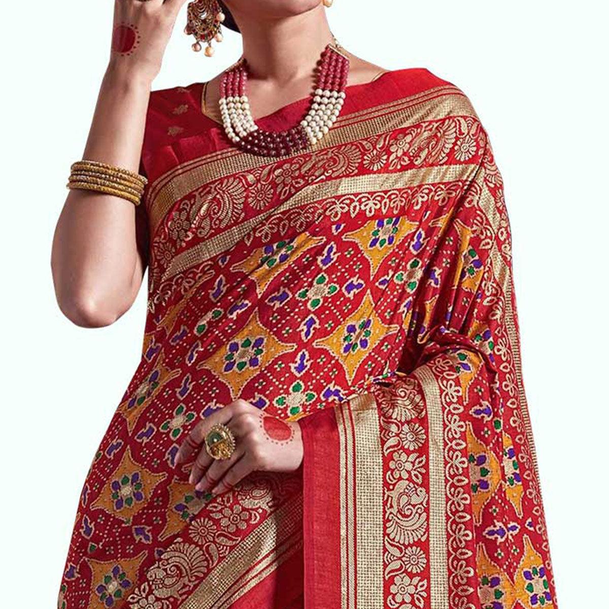 Intricate Red Colored Festive Wear Printed Art Silk Saree