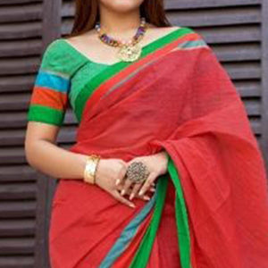 Intricate Red Colored Festive Wear Woven Cotton Saree