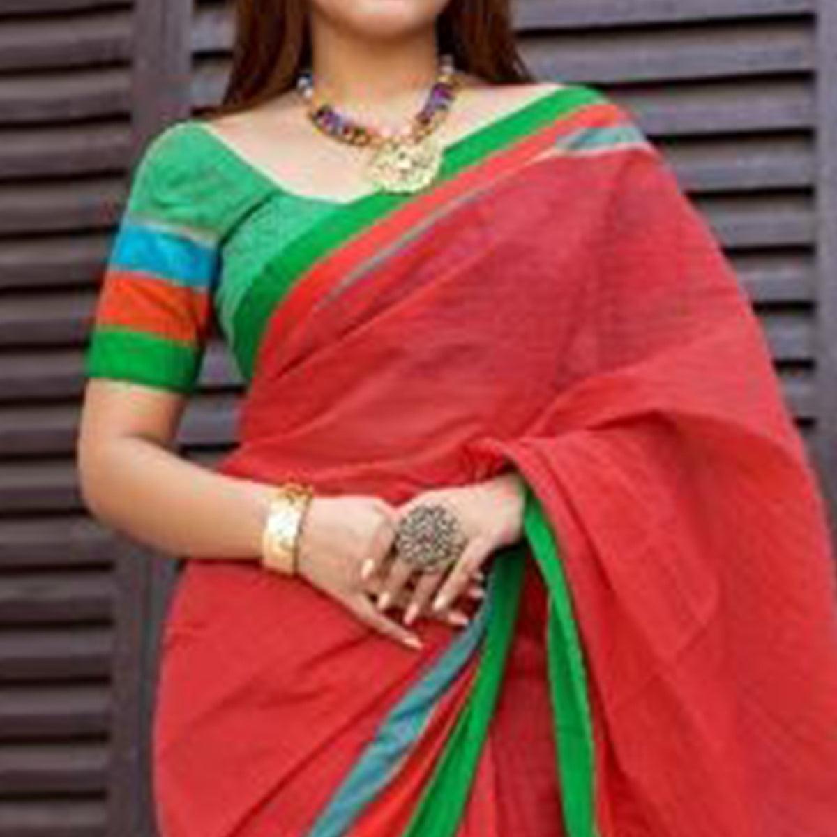 Intricate Red Colored Festive Wear Woven Cotton Saree