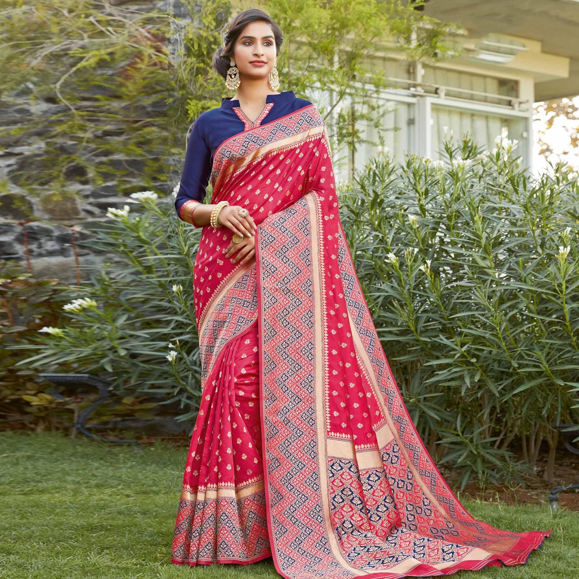 Intricate Red Colored Festive Wear Woven Silk Saree