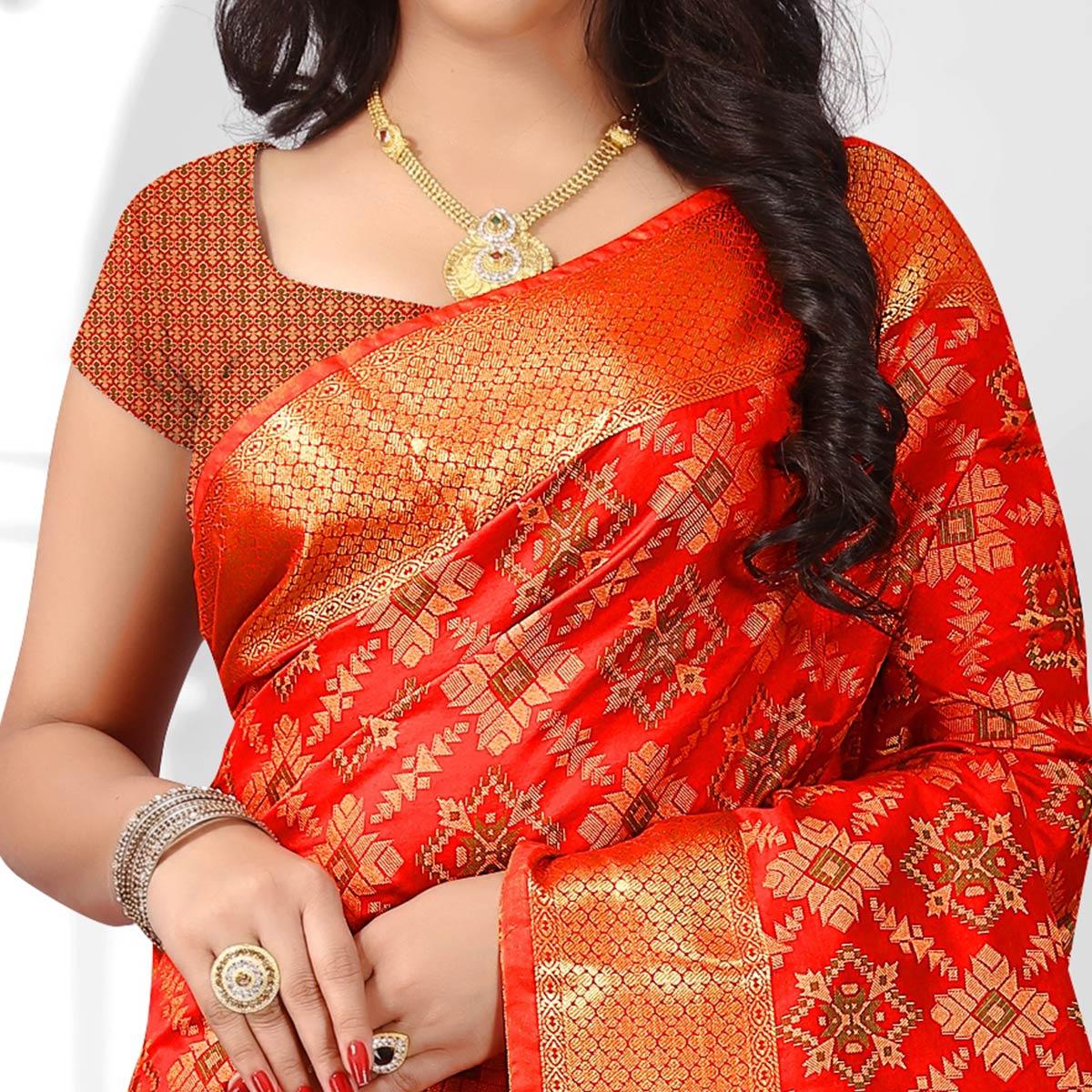 Intricate Red Colored Festive Wear Woven Silk Saree