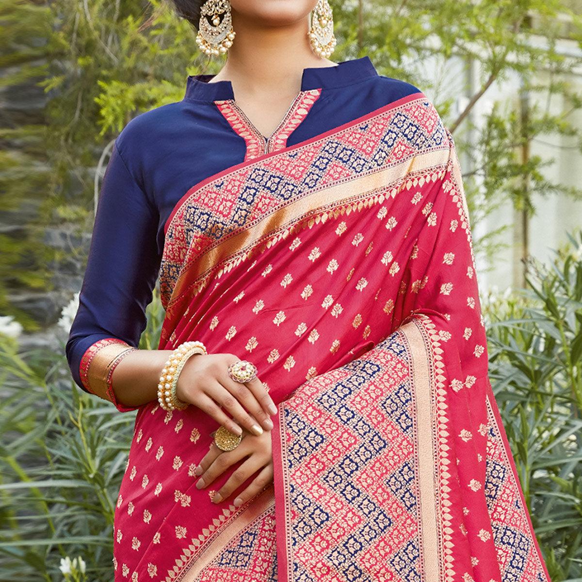 Intricate Red Colored Festive Wear Woven Silk Saree