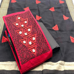 Intricate Red Coloured Casual Wear Embroidered Cotton Dress Material