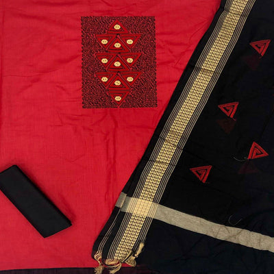 Intricate Red Coloured Casual Wear Embroidered Cotton Dress Material
