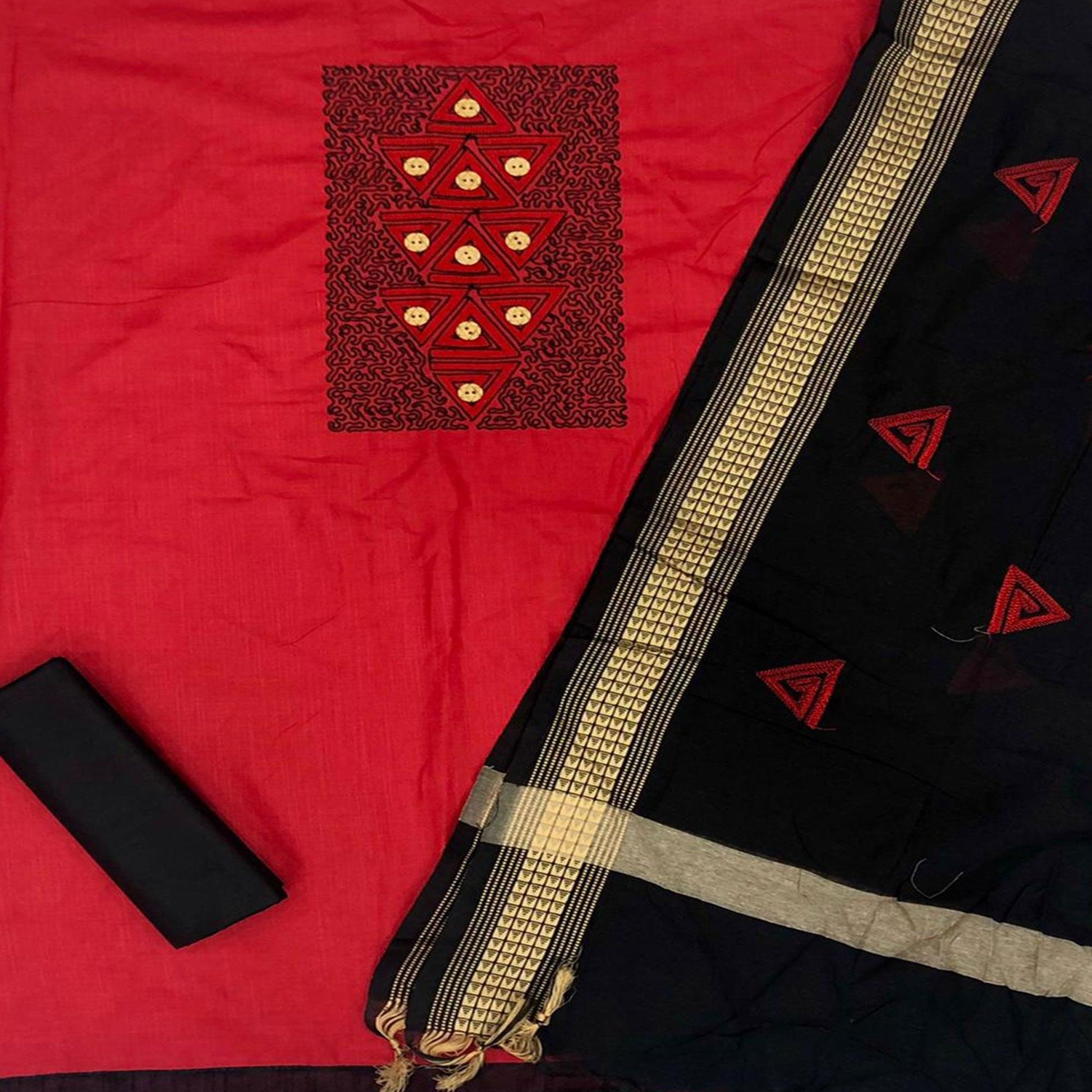 Intricate Red Coloured Casual Wear Embroidered Cotton Dress Material