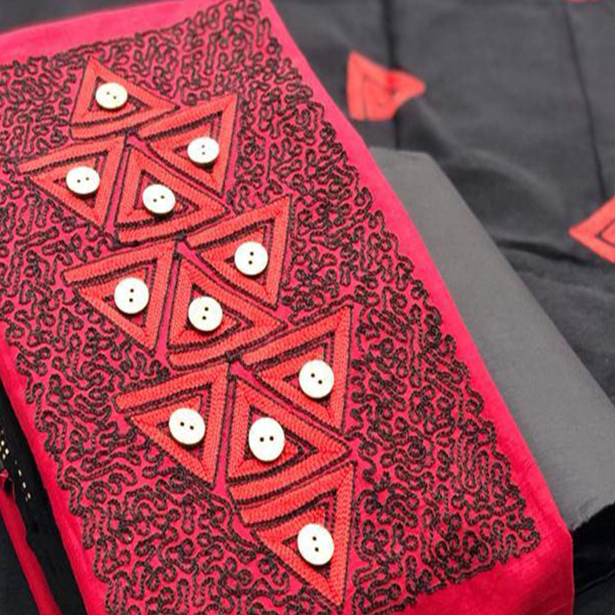 Intricate Red Coloured Casual Wear Embroidered Cotton Dress Material