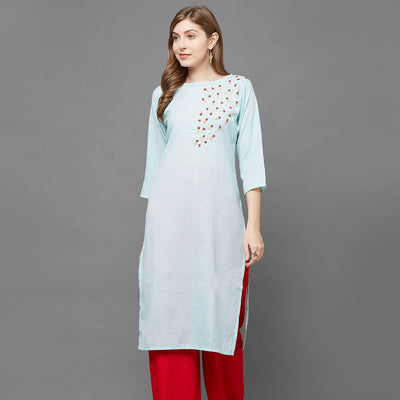 Intricate Sky Blue Colored Casual Hand Embroidered Cotton Kurti