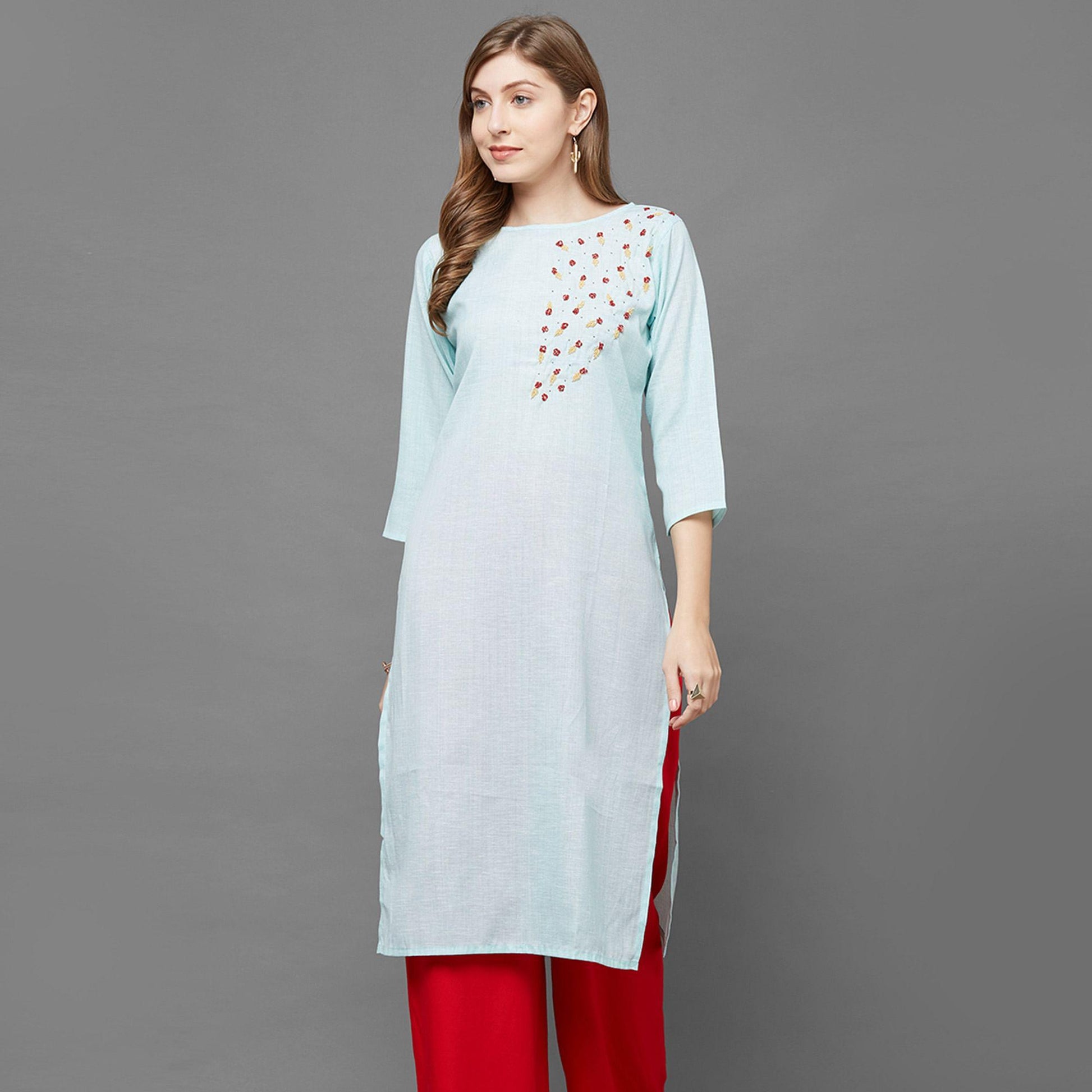 Intricate Sky Blue Colored Casual Hand Embroidered Cotton Kurti