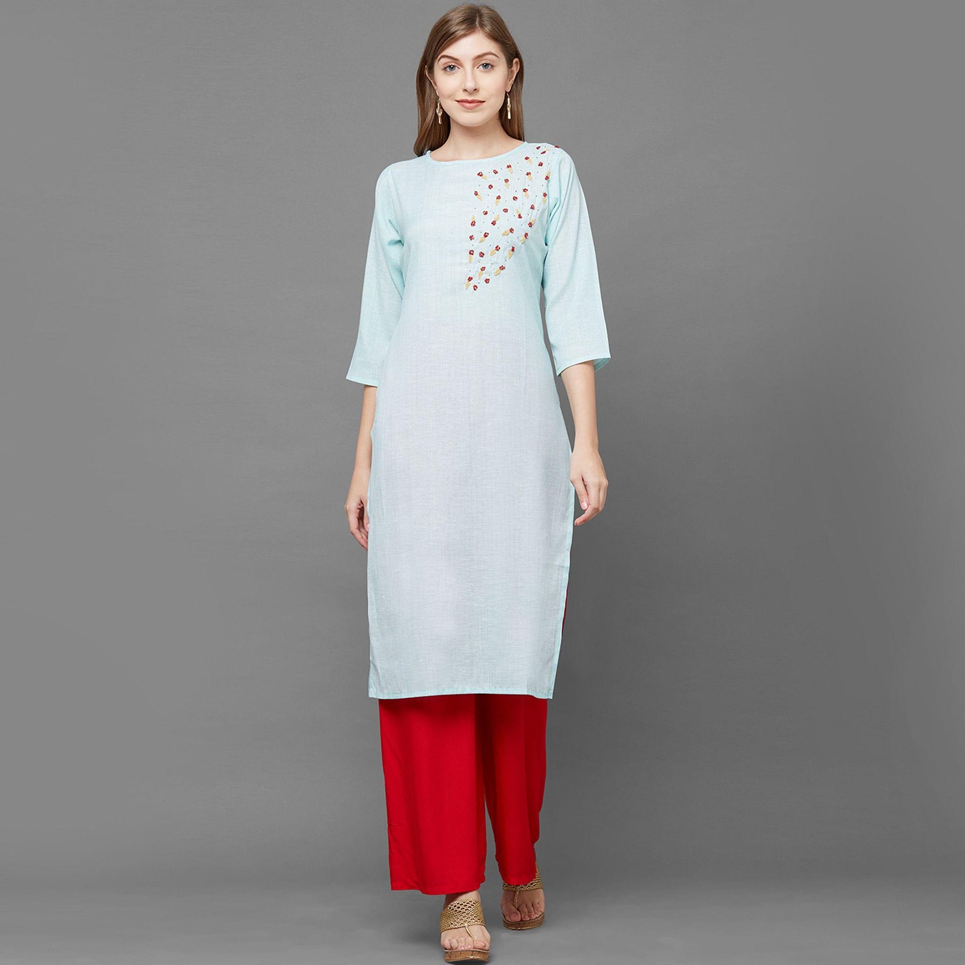 Intricate Sky Blue Colored Casual Hand Embroidered Cotton Kurti