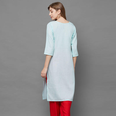 Intricate Sky Blue Colored Casual Hand Embroidered Cotton Kurti