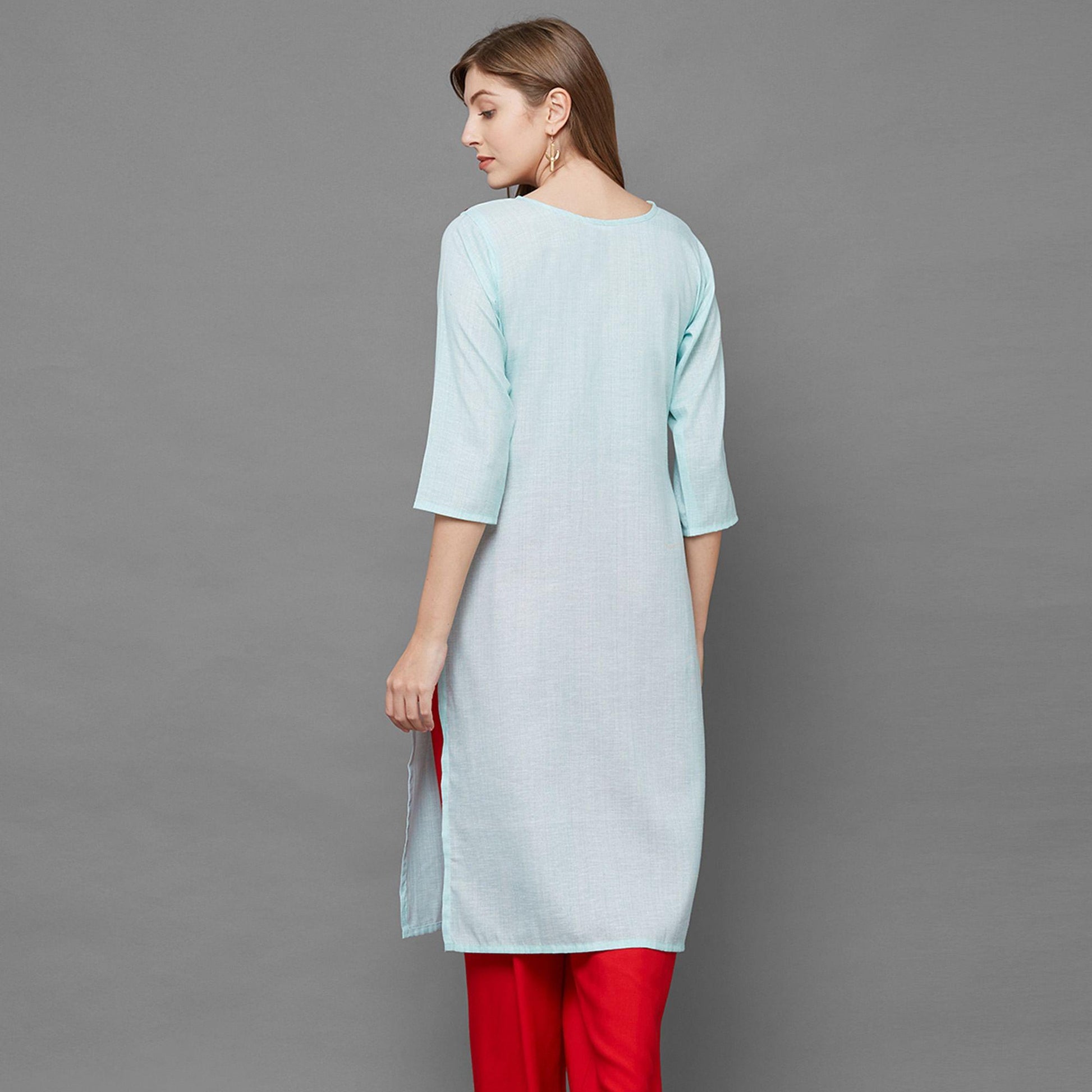 Intricate Sky Blue Colored Casual Hand Embroidered Cotton Kurti