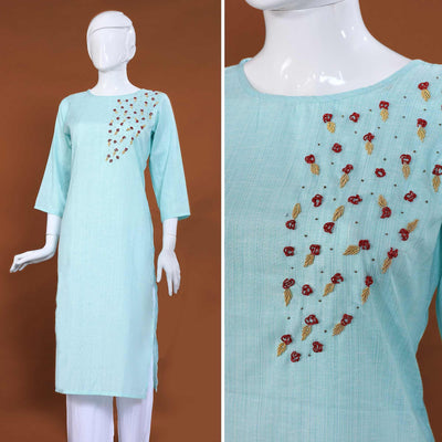 Intricate Sky Blue Colored Casual Hand Embroidered Cotton Kurti