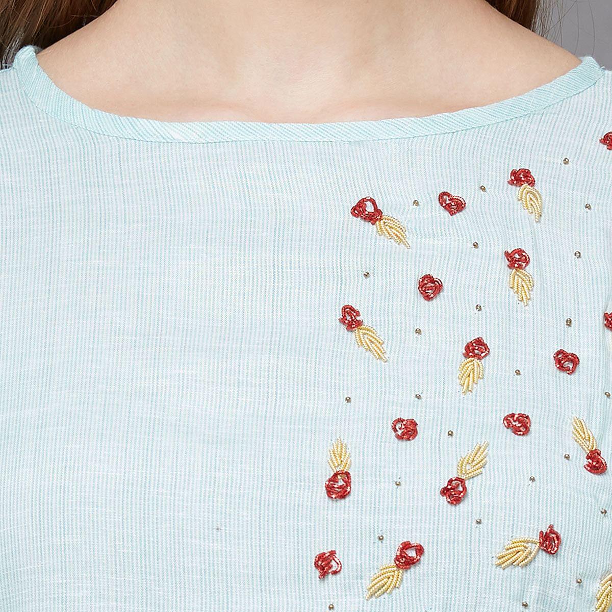Intricate Sky Blue Colored Casual Hand Embroidered Cotton Kurti