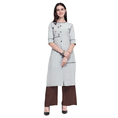 Intricate White Colored Casual Wear Embroidered Cotton Kurti-Palazzo Set