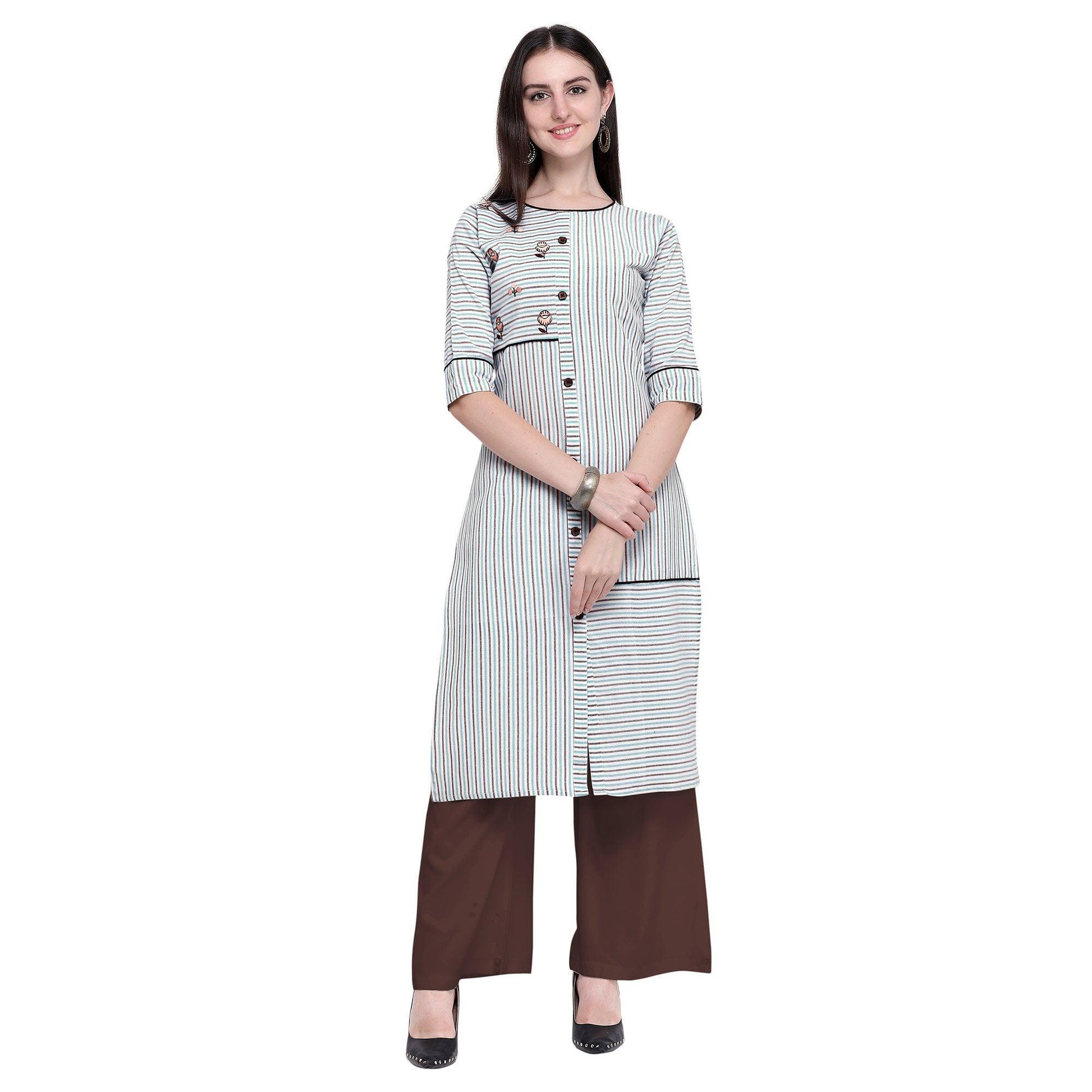Intricate White Colored Casual Wear Embroidered Cotton Kurti-Palazzo Set