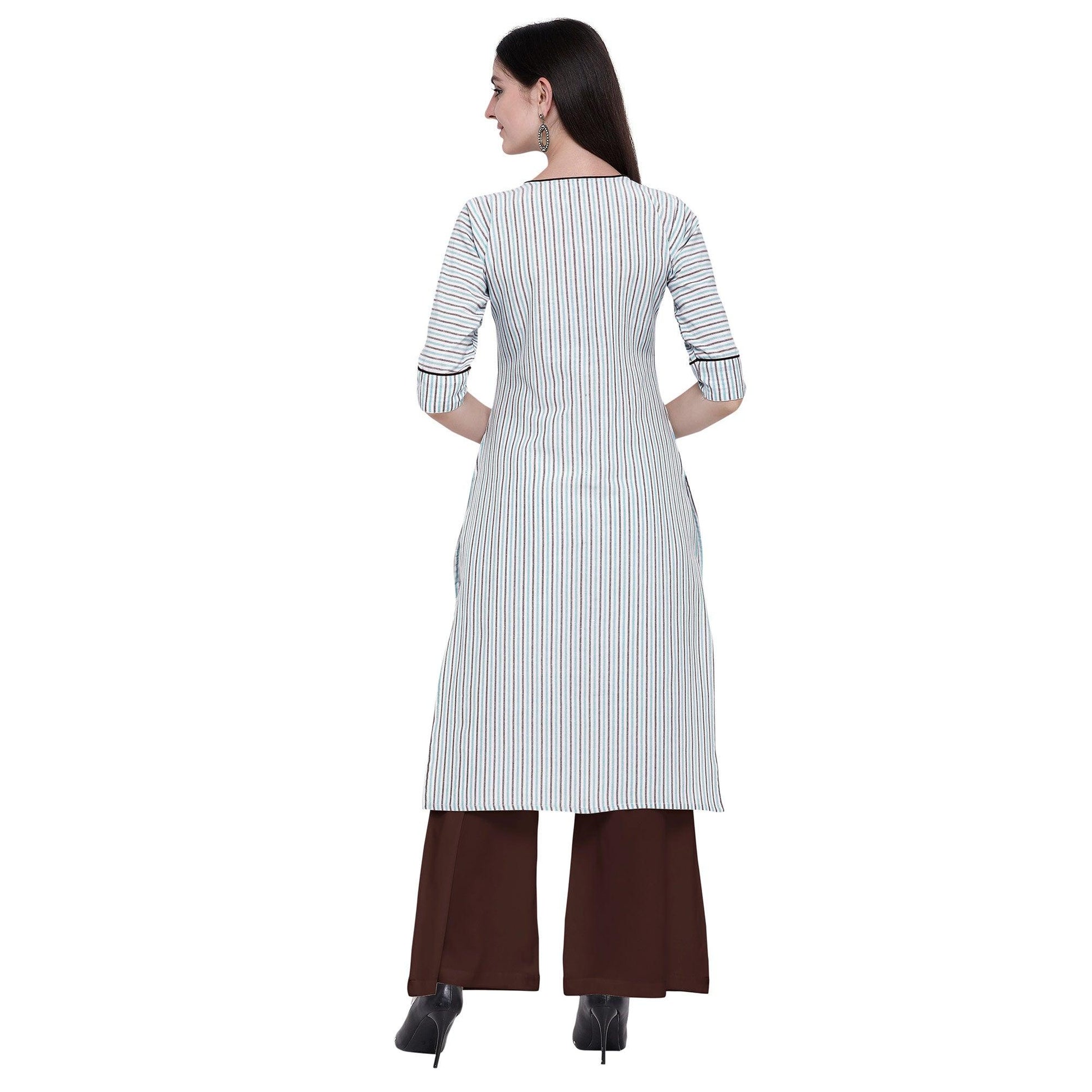 Intricate White Colored Casual Wear Embroidered Cotton Kurti-Palazzo Set