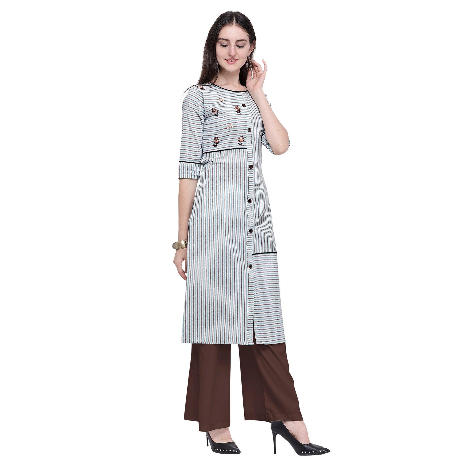 Intricate White Colored Casual Wear Embroidered Cotton Kurti-Palazzo Set
