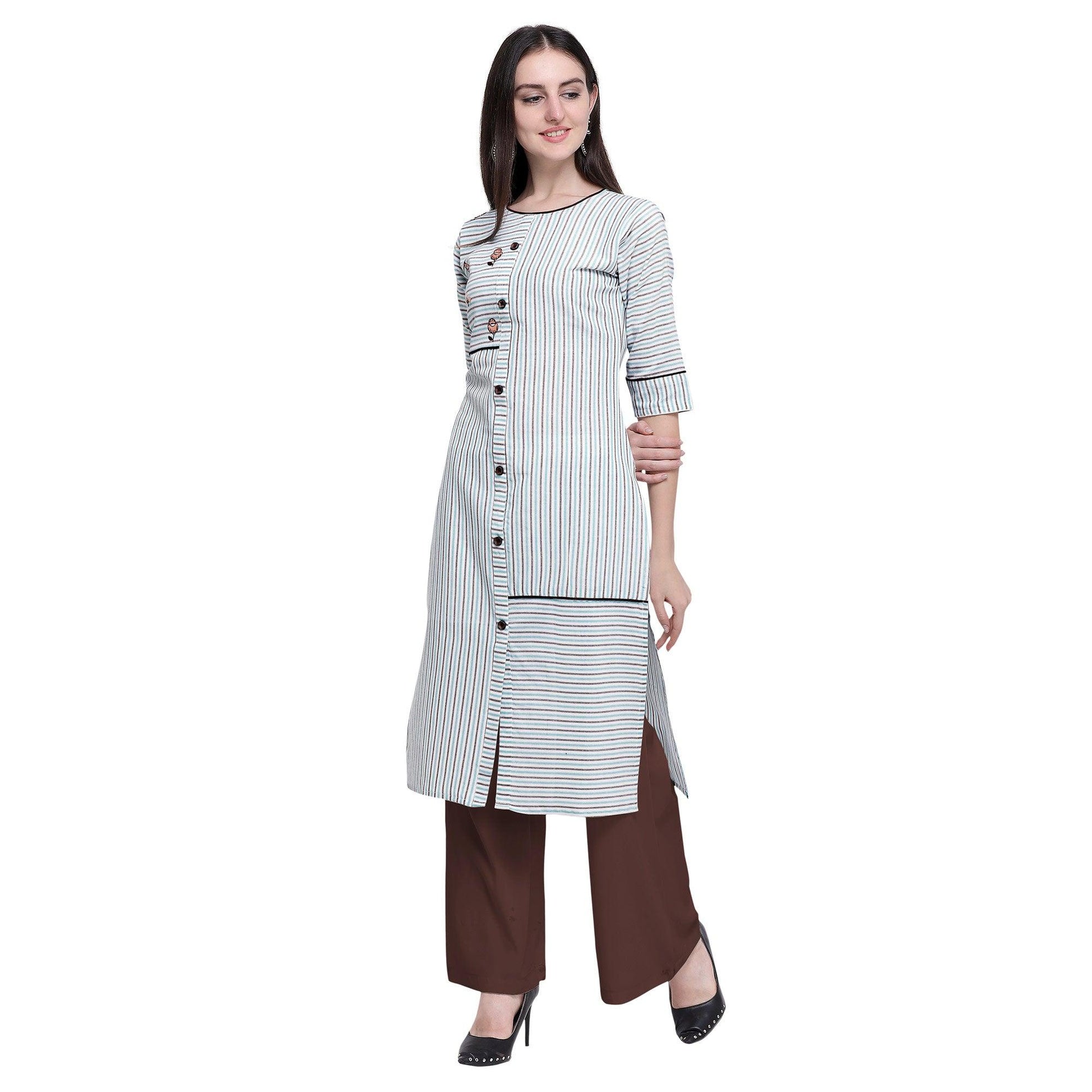 Intricate White Colored Casual Wear Embroidered Cotton Kurti-Palazzo Set