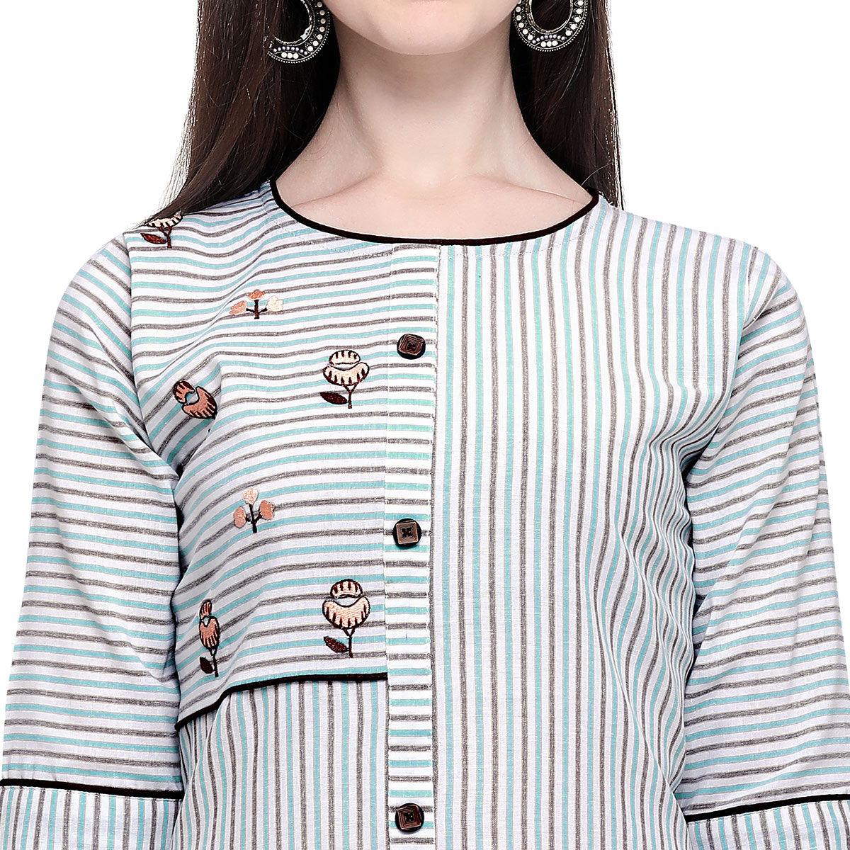 Intricate White Colored Casual Wear Embroidered Cotton Kurti-Palazzo Set