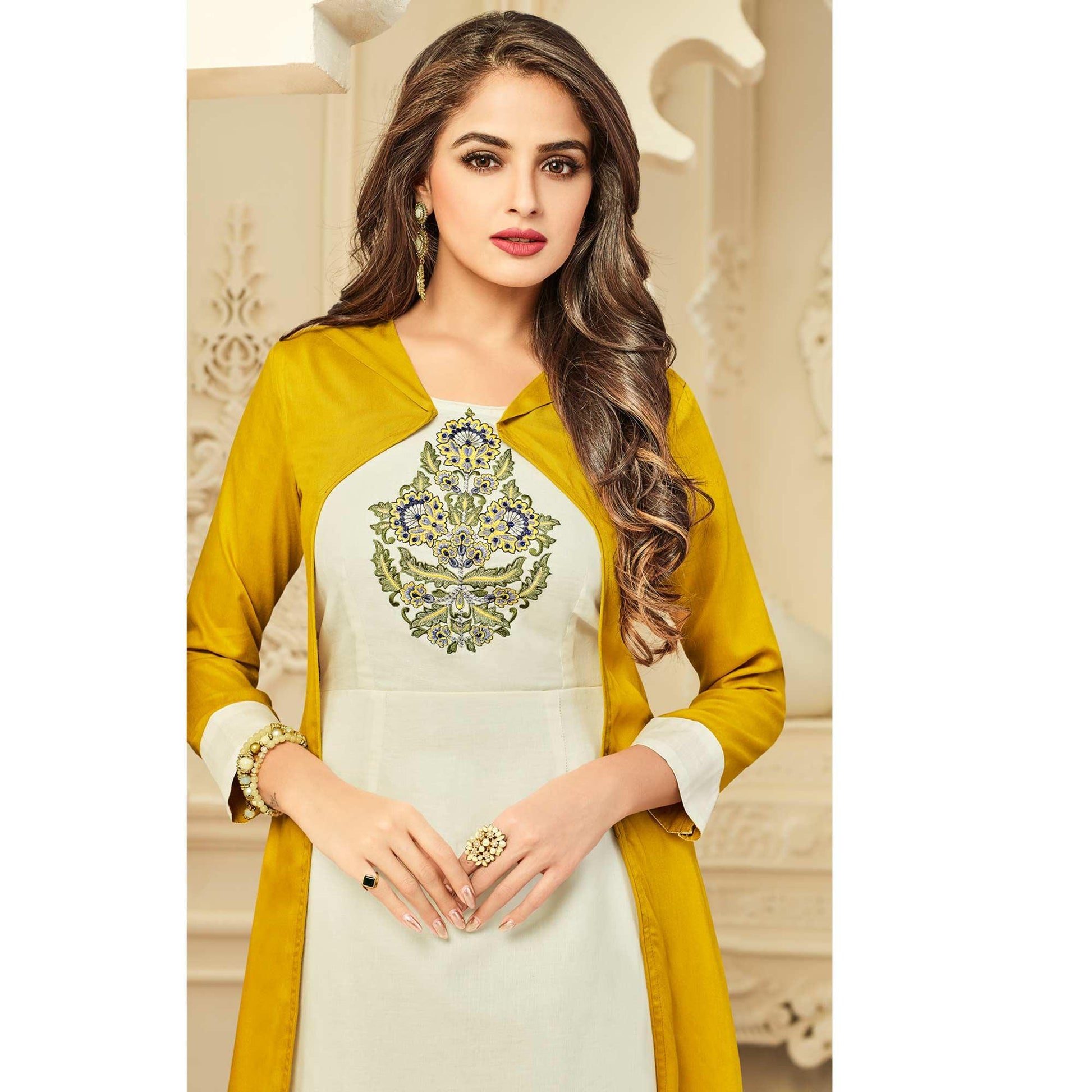 Intricate White-Mustard Yellow Colored Party Wear Floral Embroidered Rayon Kurti