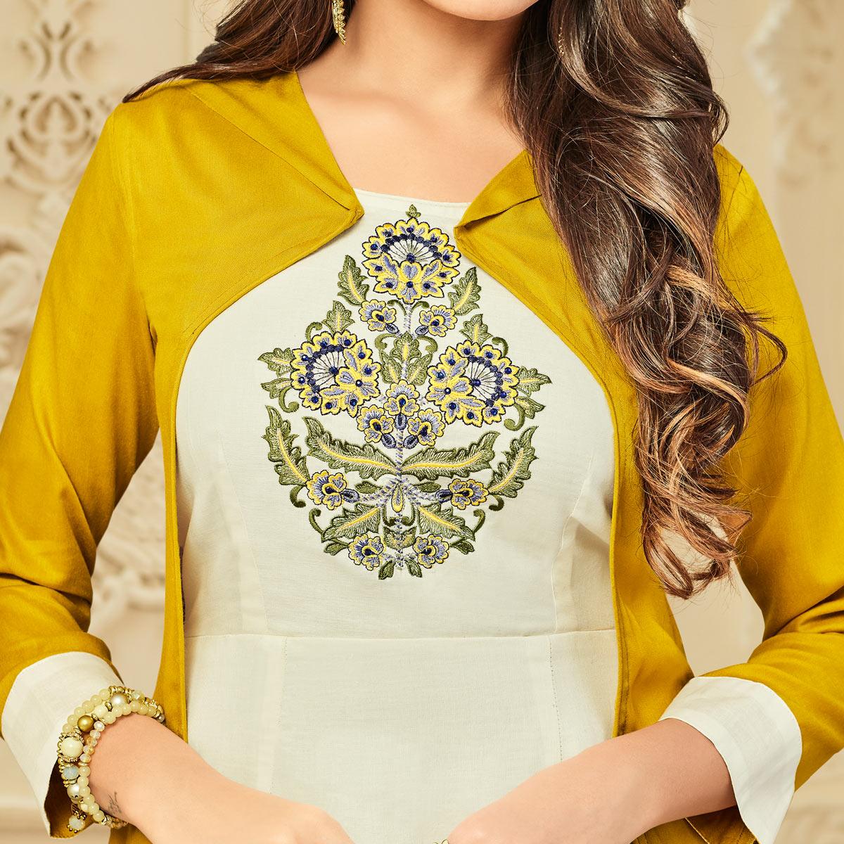 Intricate White-Mustard Yellow Colored Party Wear Floral Embroidered Rayon Kurti