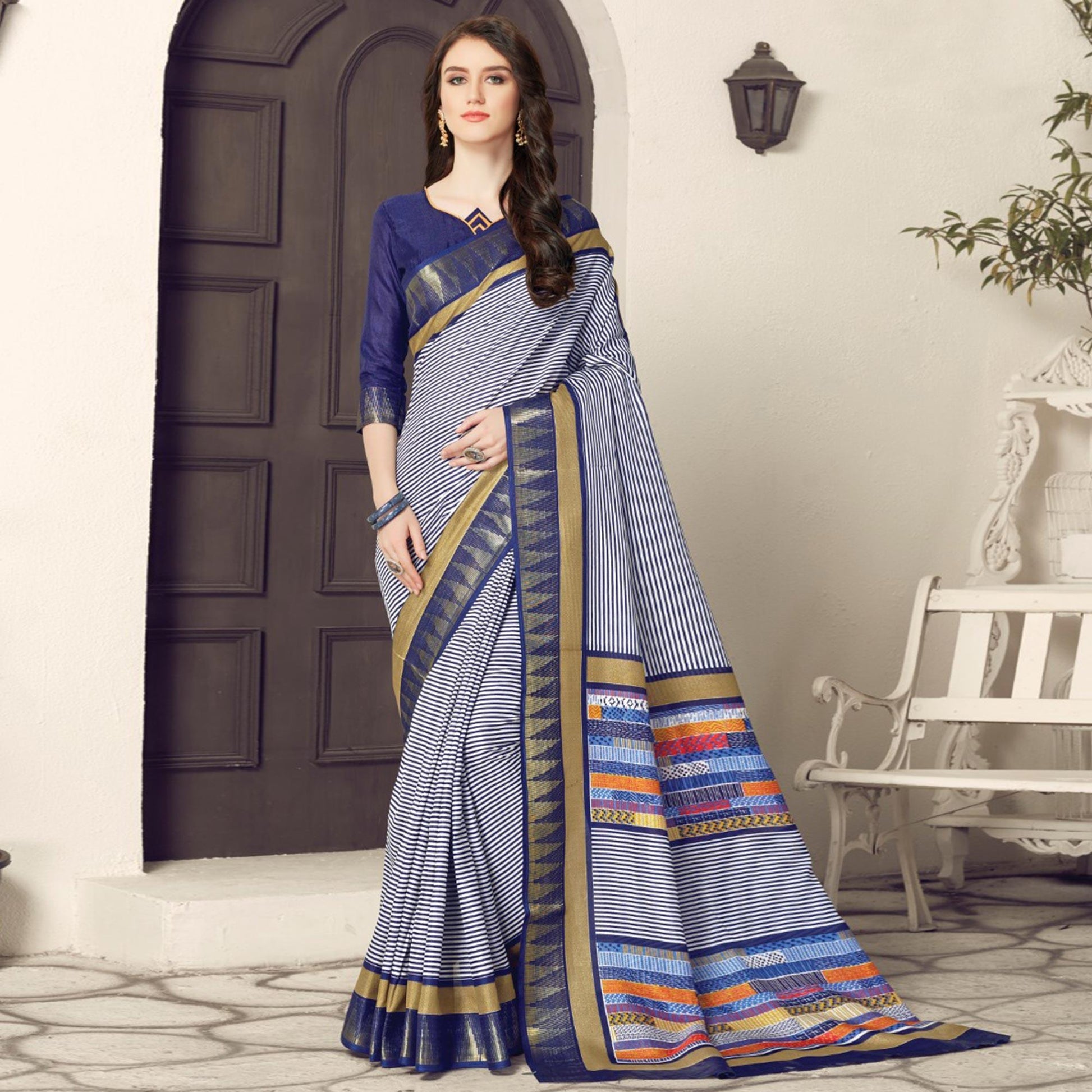 Intricate White-Navy Blue Colored Casual Printed Bhagalpuri Silk Saree