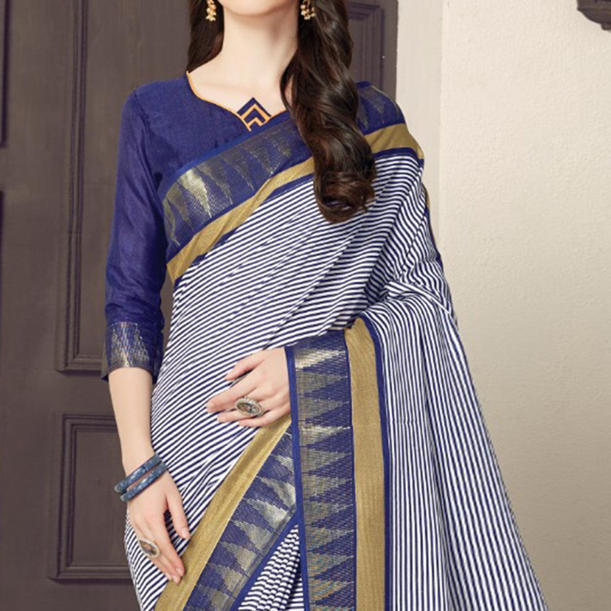Intricate White-Navy Blue Colored Casual Printed Bhagalpuri Silk Saree