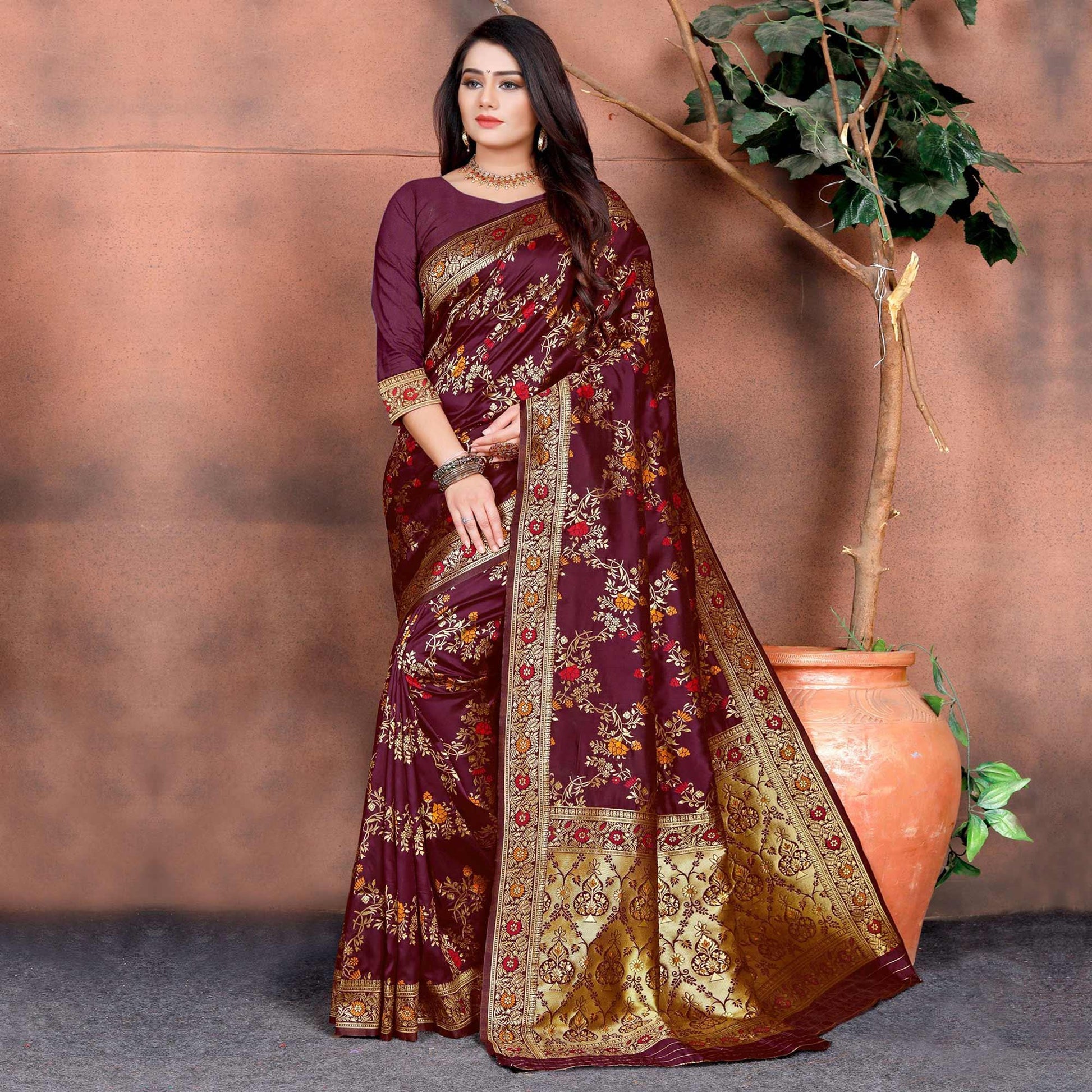 Intricate Wine Colored Festive Wear Woven Silk Saree