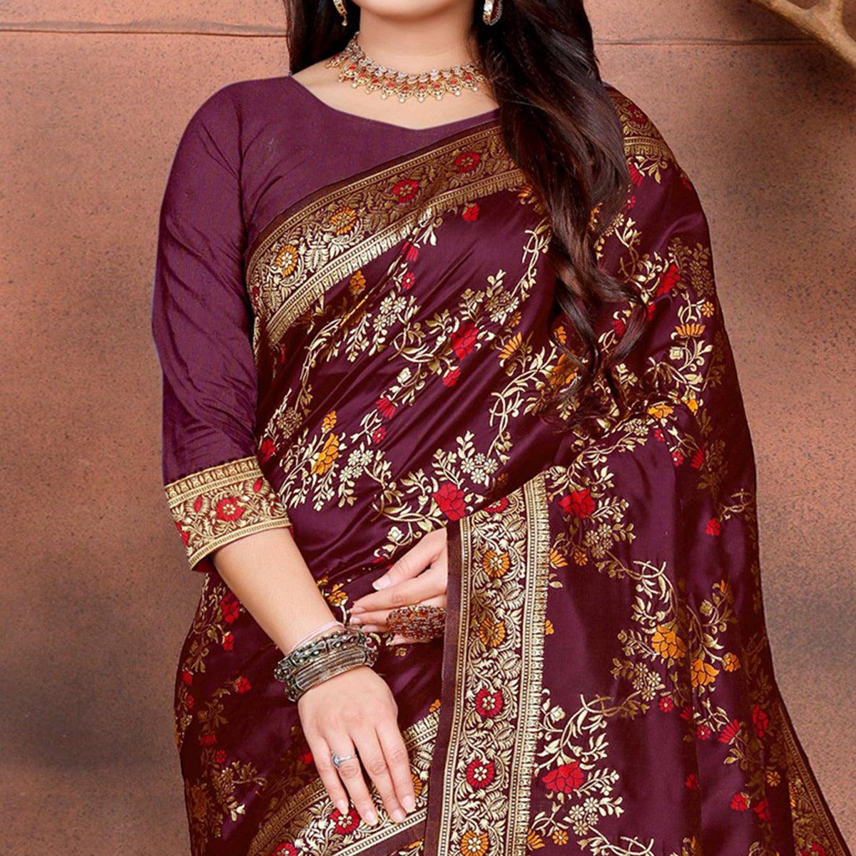 Intricate Wine Colored Festive Wear Woven Silk Saree