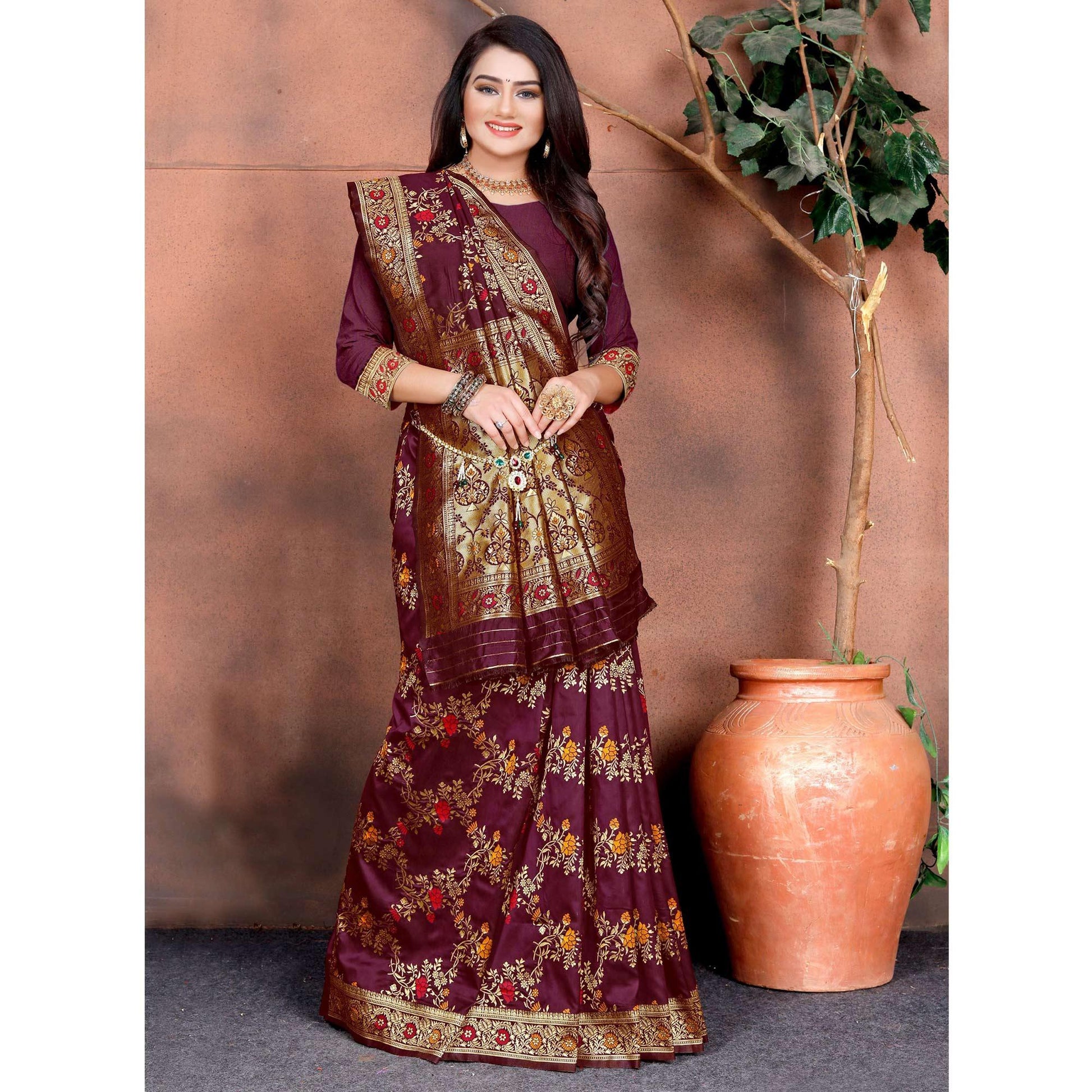 Intricate Wine Colored Festive Wear Woven Silk Saree