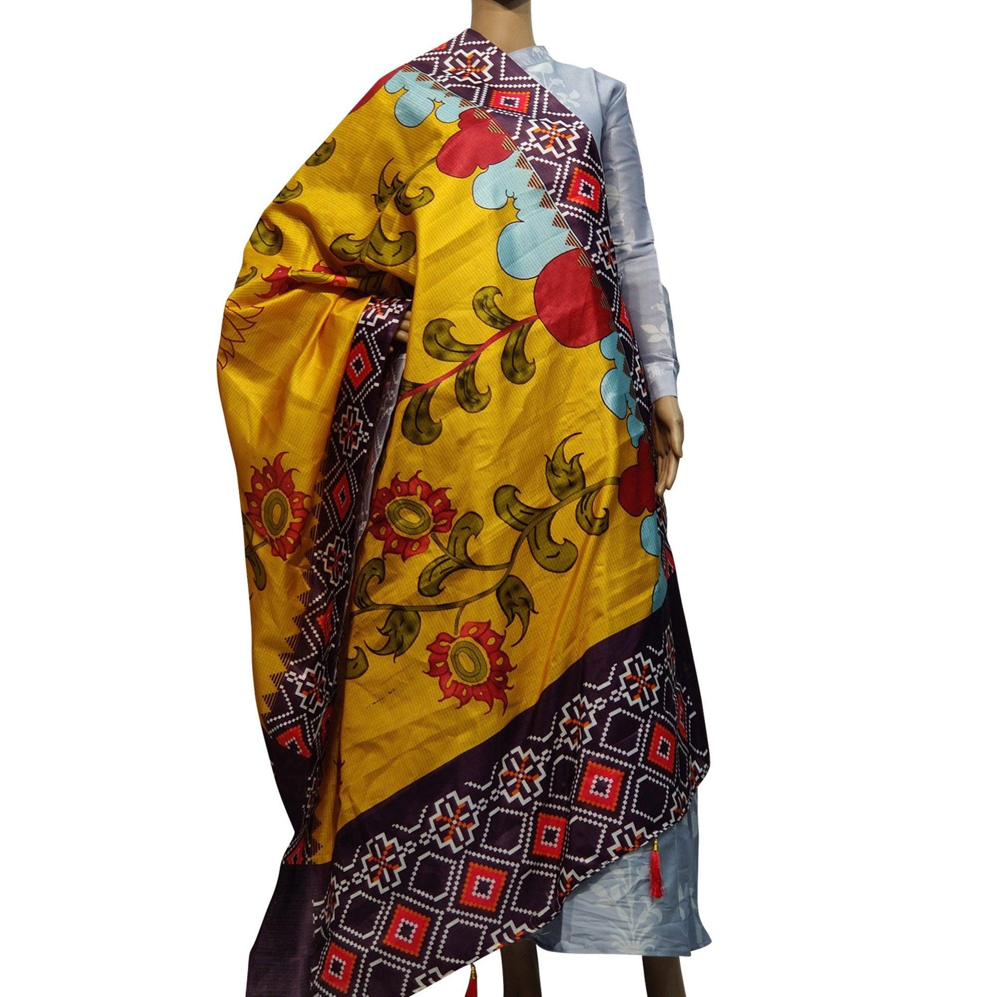 Intricate Yellow Colored Casual Wear Printed Cotton Silk Dupatta With Tassels