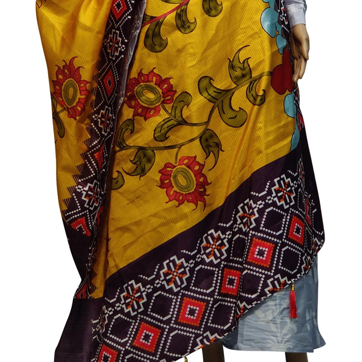 Intricate Yellow Colored Casual Wear Printed Cotton Silk Dupatta With Tassels